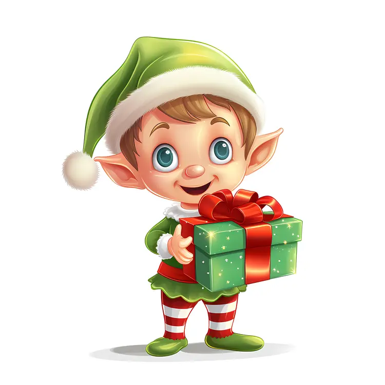 Happy Elf with a Christmas Gift