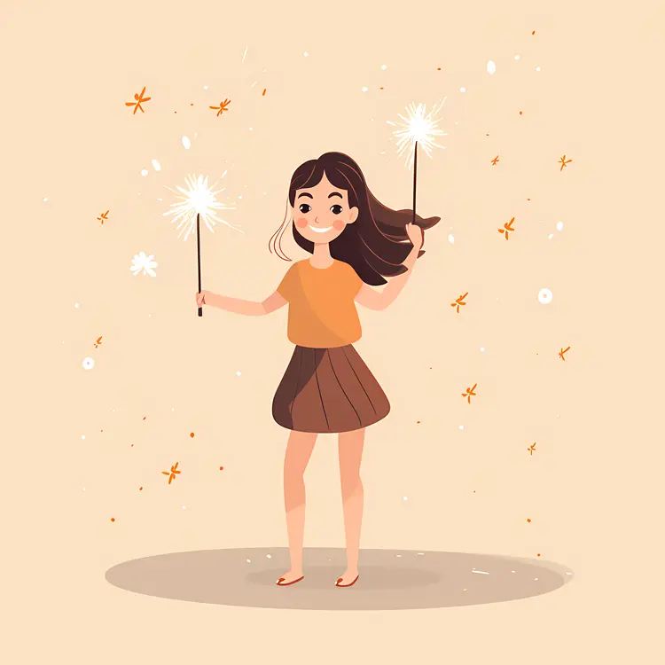 Happy Girl with Two Sparklers