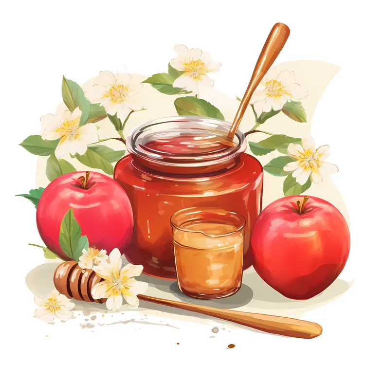 Honey Jar with Apples and Flowers for Rosh Hashanah