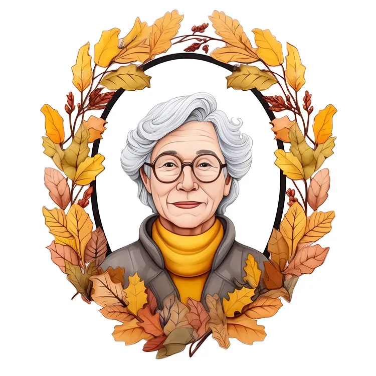 Elderly Woman Portrait with Autumn Leaves Wreath