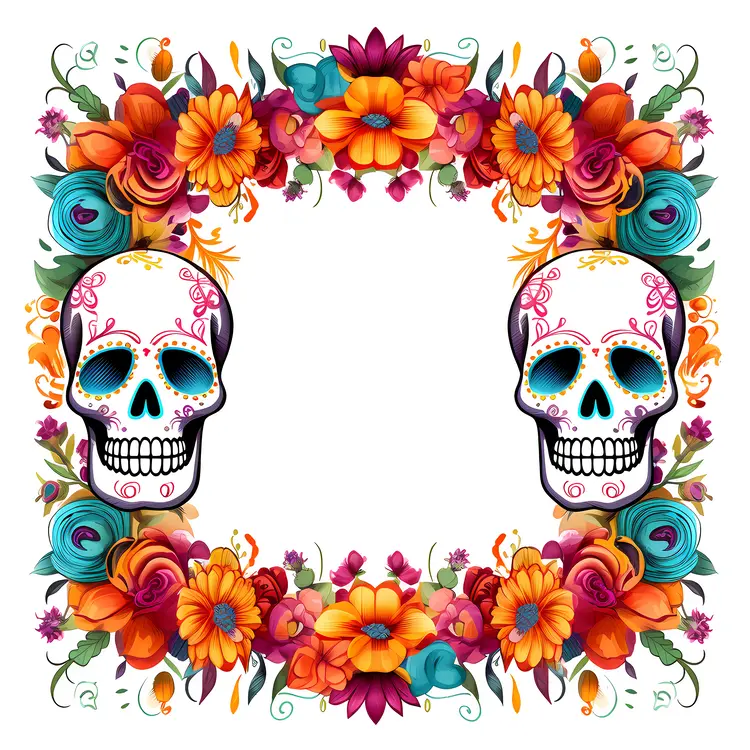 Two Sugar Skulls with Floral Border