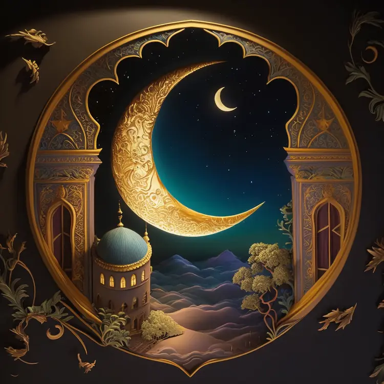 Ornate Crescent Moon with Mosque at Night