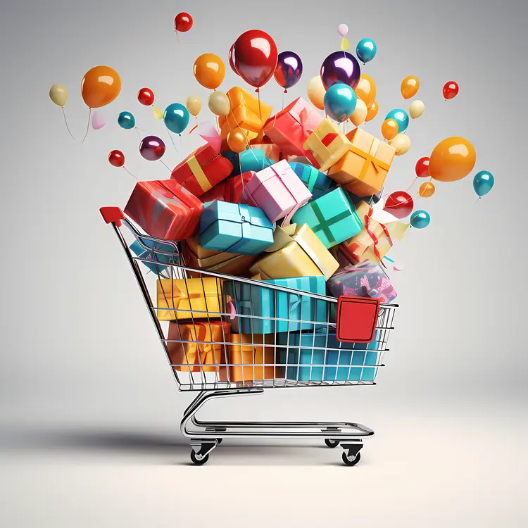 Shopping Cart Filled with Colorful Gifts and Balloons