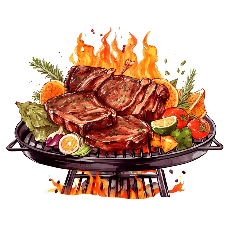 Grilled Ribs on Barbecue with Flames