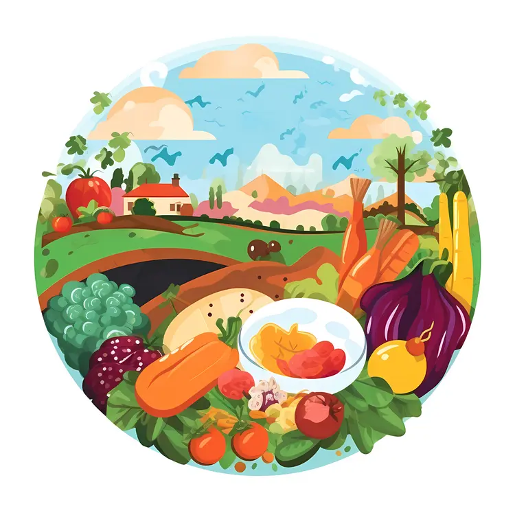 Fresh Vegetables with Farm Landscape