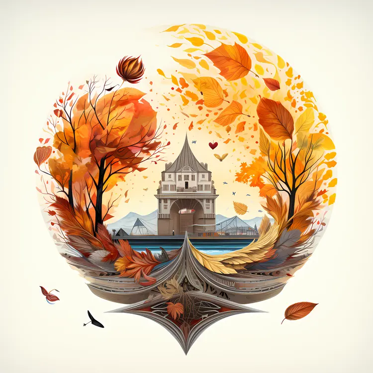 Autumn Tree with Building and Leaves