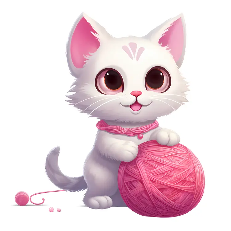 Adorable White Cat with Pink Yarn Ball