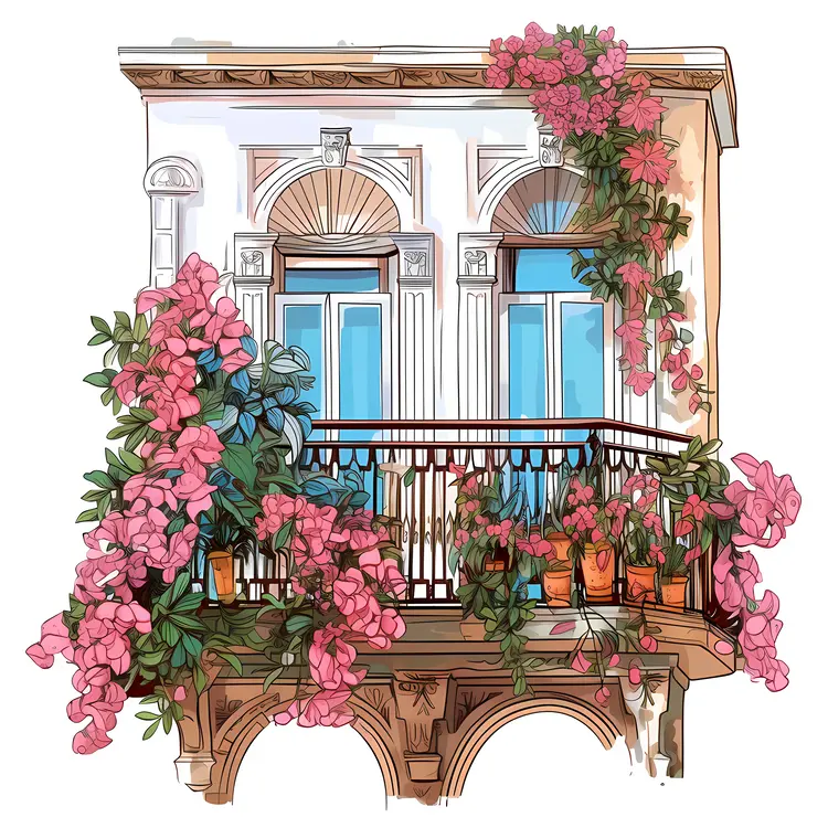 Classic Balcony with Pink Flowers
