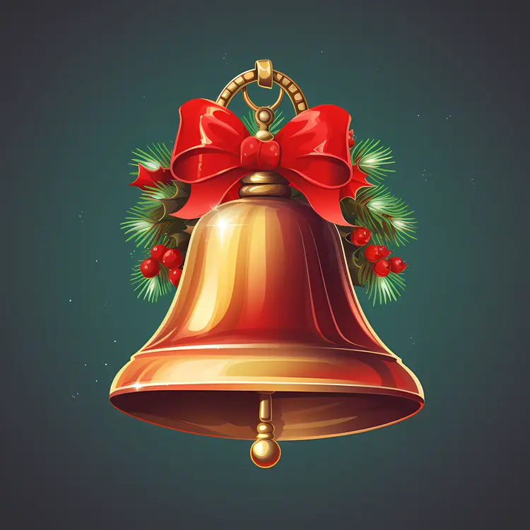 Golden Bell with Red Bow and Greenery for Christmas