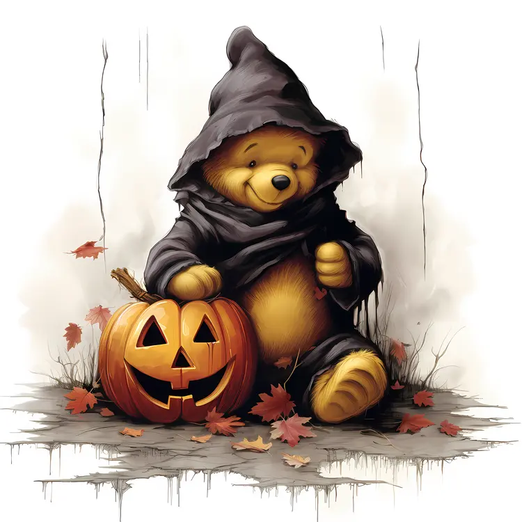 Cute Bear in Witch Costume with Pumpkin