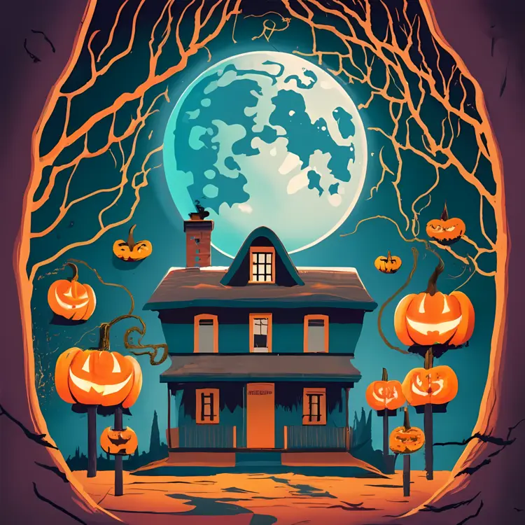 Spooky Haunted House with Pumpkins