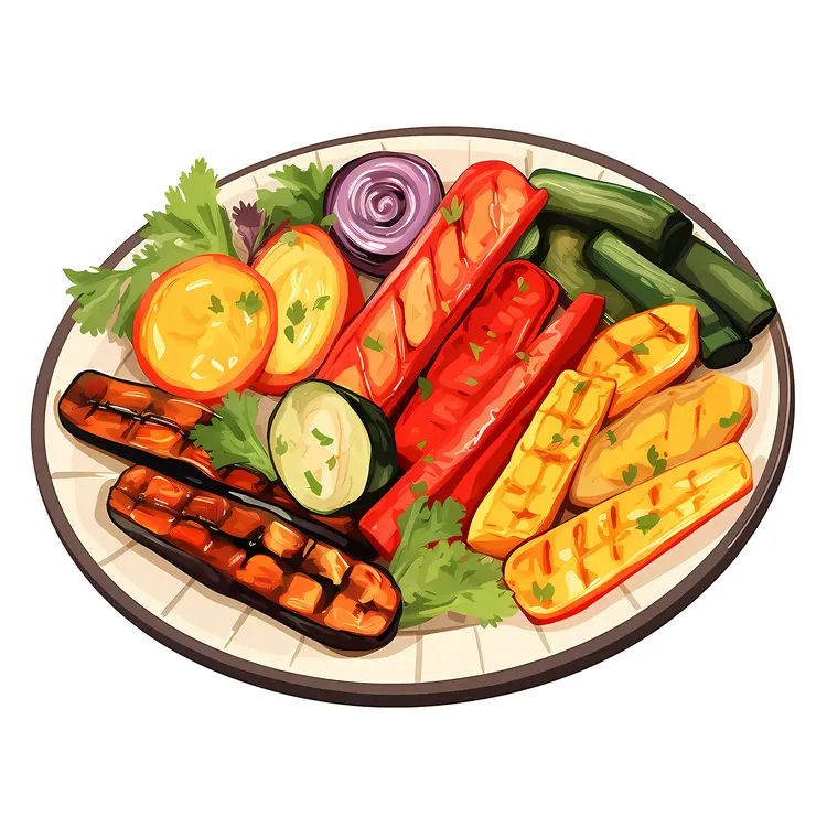 Illustrated Grilled Vegetables on a Plate