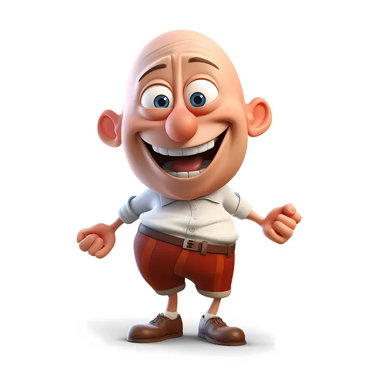 Smiling Bald Cartoon Man in Shorts