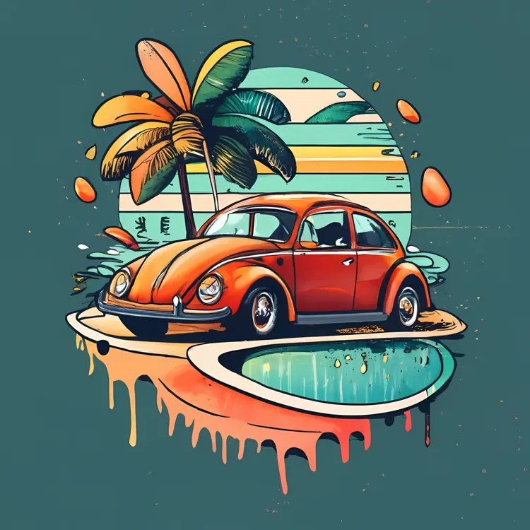 Retro Orange Car at Tropical Beach