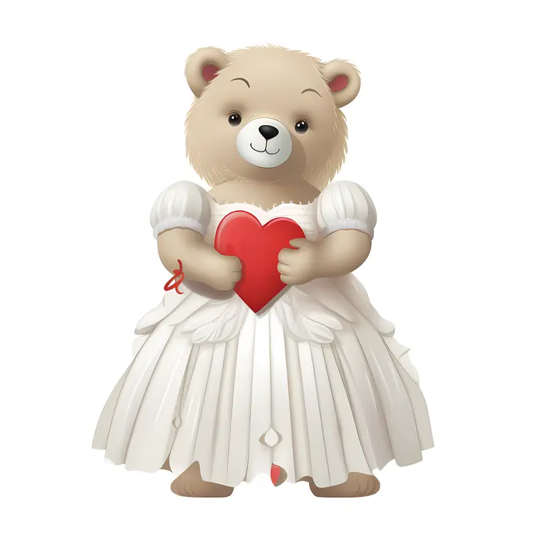 Cute Teddy Bear Holding a Heart in a White Dress
