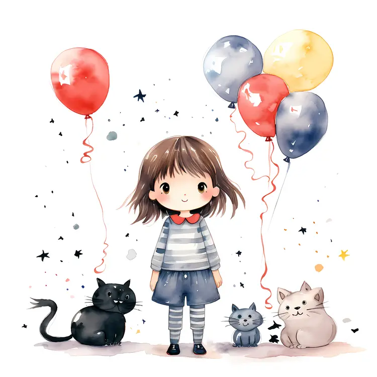 Adorable Girl with Cats and Balloons