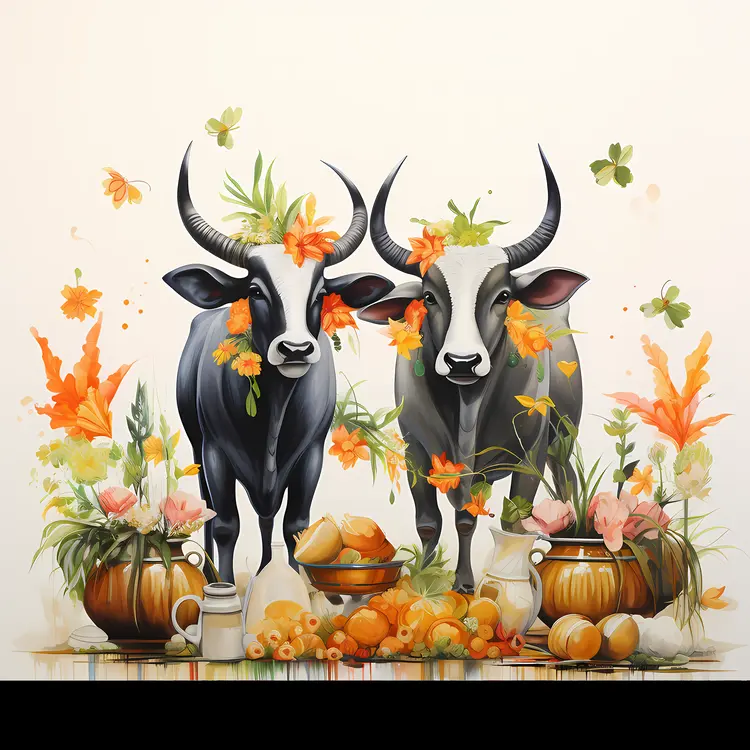 Cows with Flowers in a Farm Setting