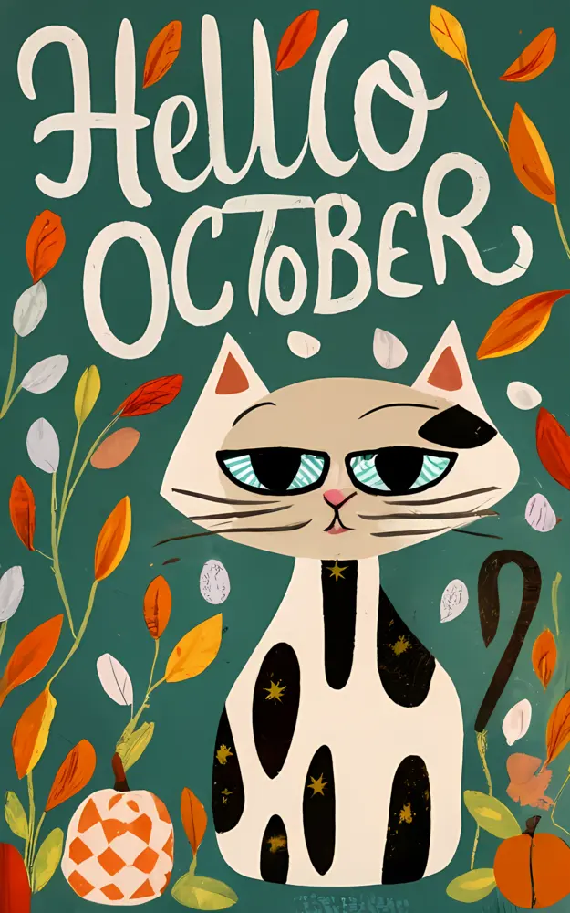 Hello October with Cat and Leaves