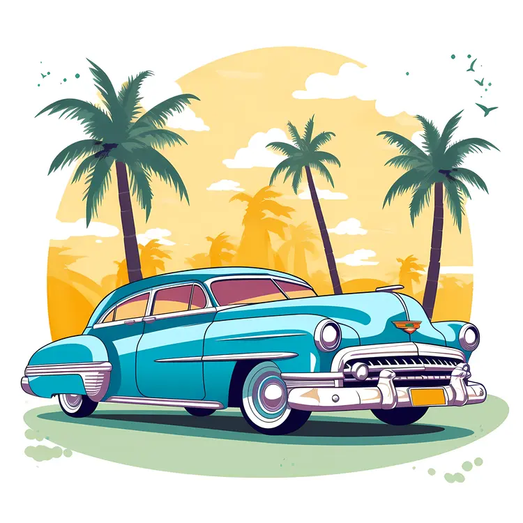 Retro Vintage Car with Palm Trees and Sunset