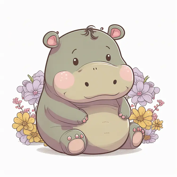 Cute Cartoon Hippo with Flowers