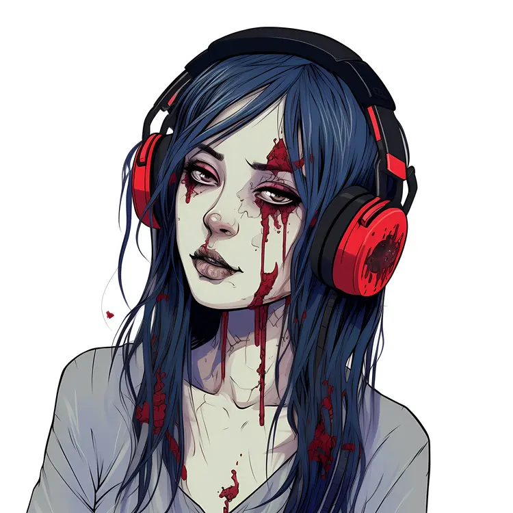 Zombie Girl with Red Headphones for Halloween