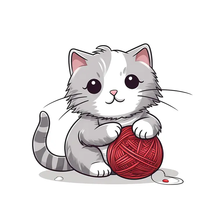Cute Kitten Playing with Red Yarn Ball