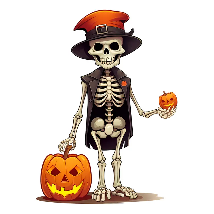 Skeleton with Pumpkins and Witch Hat