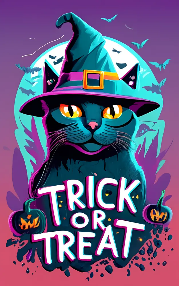 Black Cat in Witch Hat with Trick or Treat Sign
