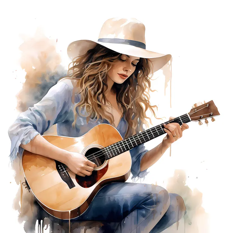 Woman Playing Guitar with Hat