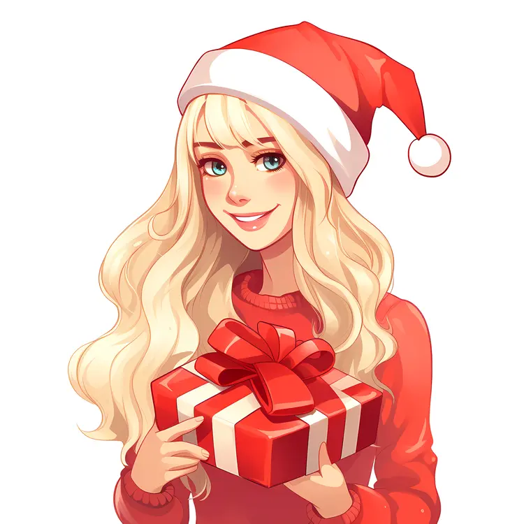 Blonde Girl with Gift Box in Santa Hat