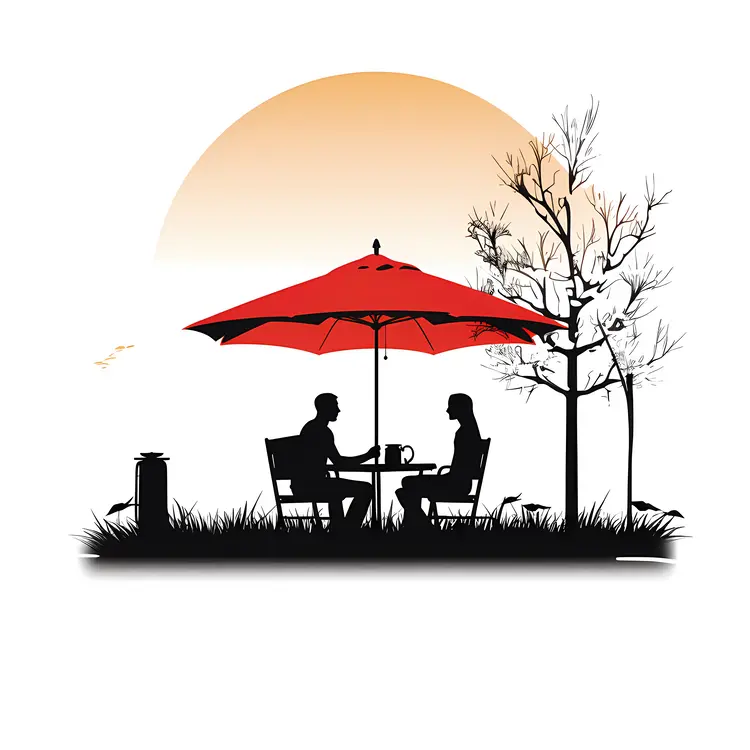 Couple Dining Outdoors Under a Red Umbrella at Sunset