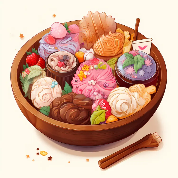 Colorful Desserts in Wooden Bowl