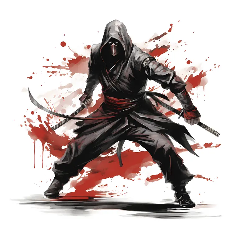 Black Ninja with Sword and Blood Splatter