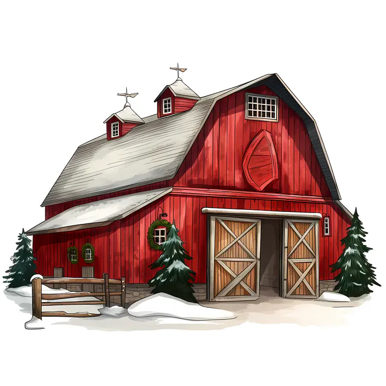 Red Barn with Snow and Trees