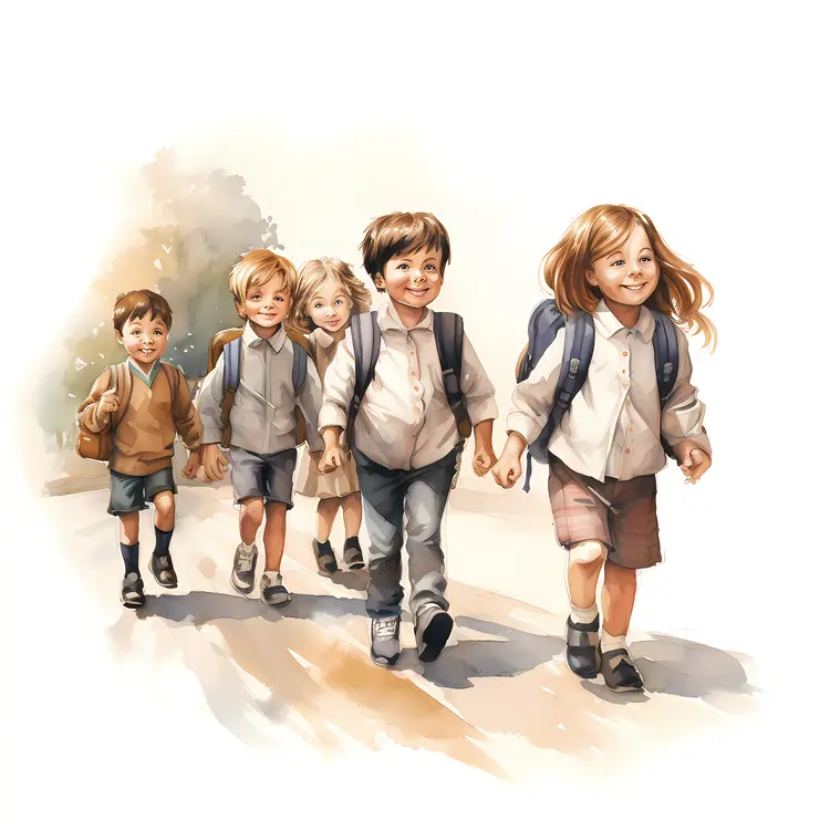 Group of Kids Walking with Backpacks