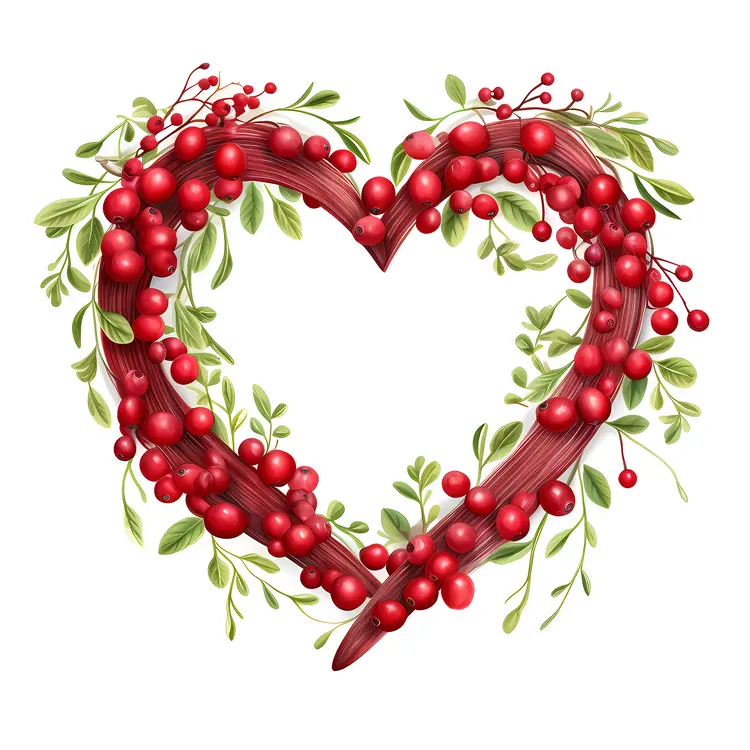 Heart-Shaped Wooden Frame with Red Berries and Leaves