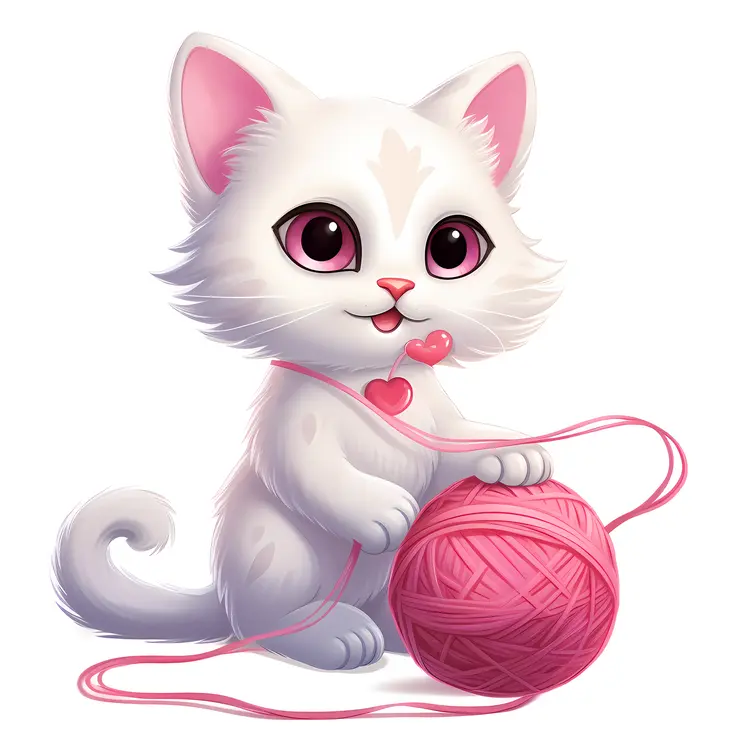 Cute White Cat Playing with Pink Yarn