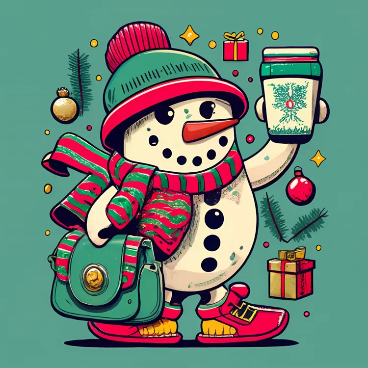 Snowman with Gift and Coffee Cup