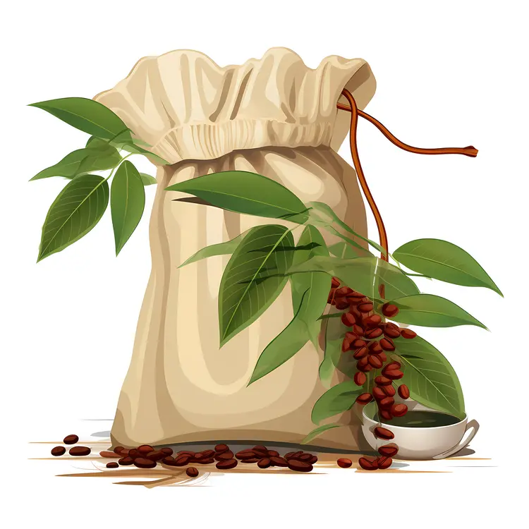 Coffee Beans and Sack with Coffee Plant and Cup