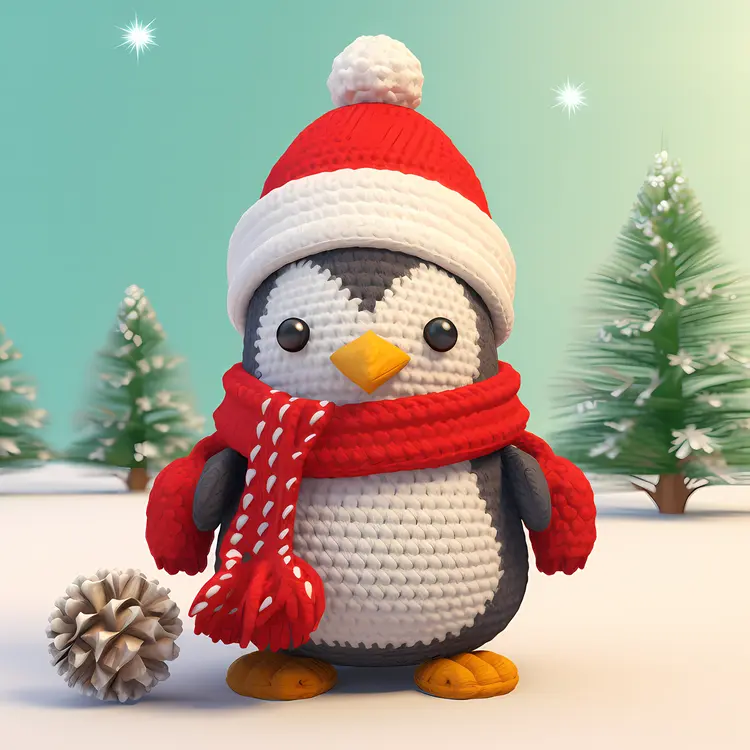 Crochet Penguin with Red Scarf and Hat
