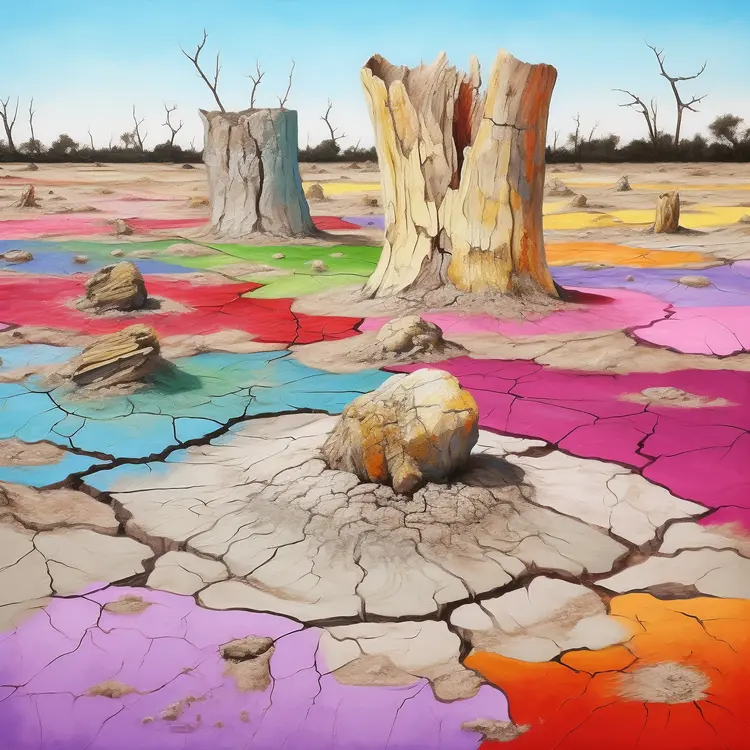 Colorful Tree Stump in a Dry
 Cracked Landscape