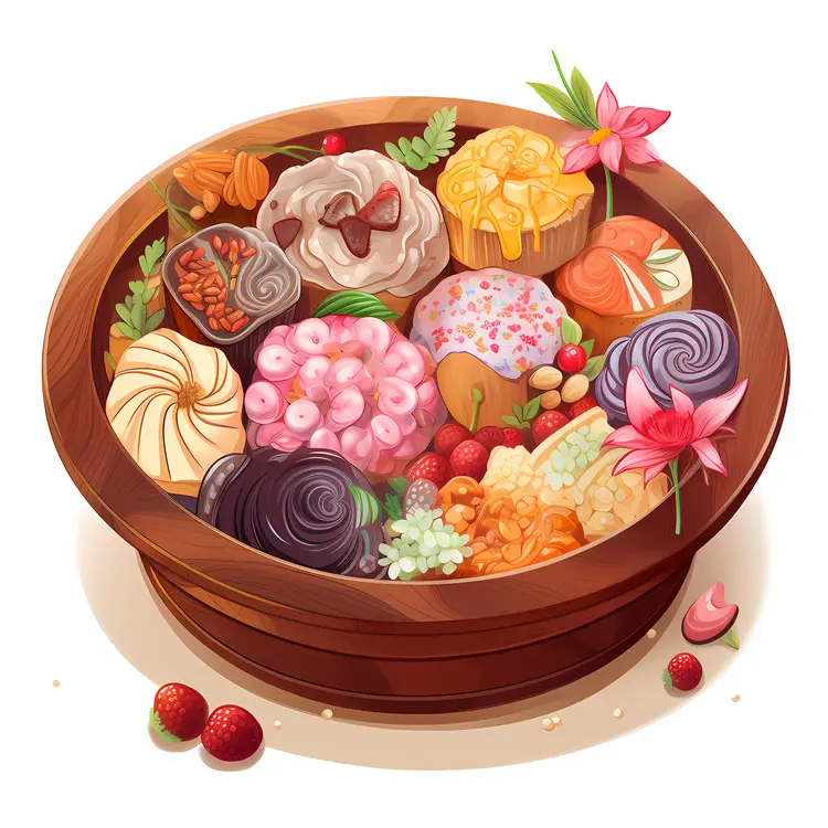 Beautifully Arranged Colorful Desserts in Wooden Bowl