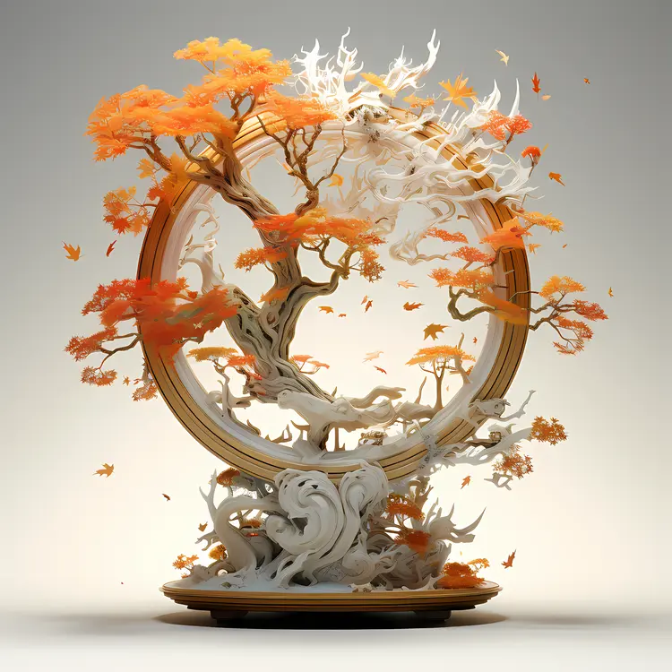 Intricate Tree Sculpture with Autumn Leaves
