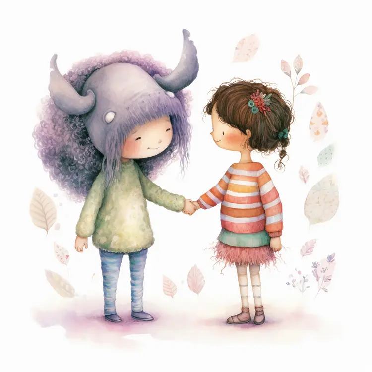 Whimsical Children Holding Hands in Pastel Illustration