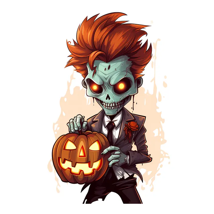 Zombie with Red Hair Holding a Jack-o'-Lantern