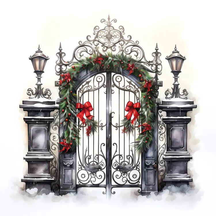 Decorated Gate with Wreath and Bow for Christmas