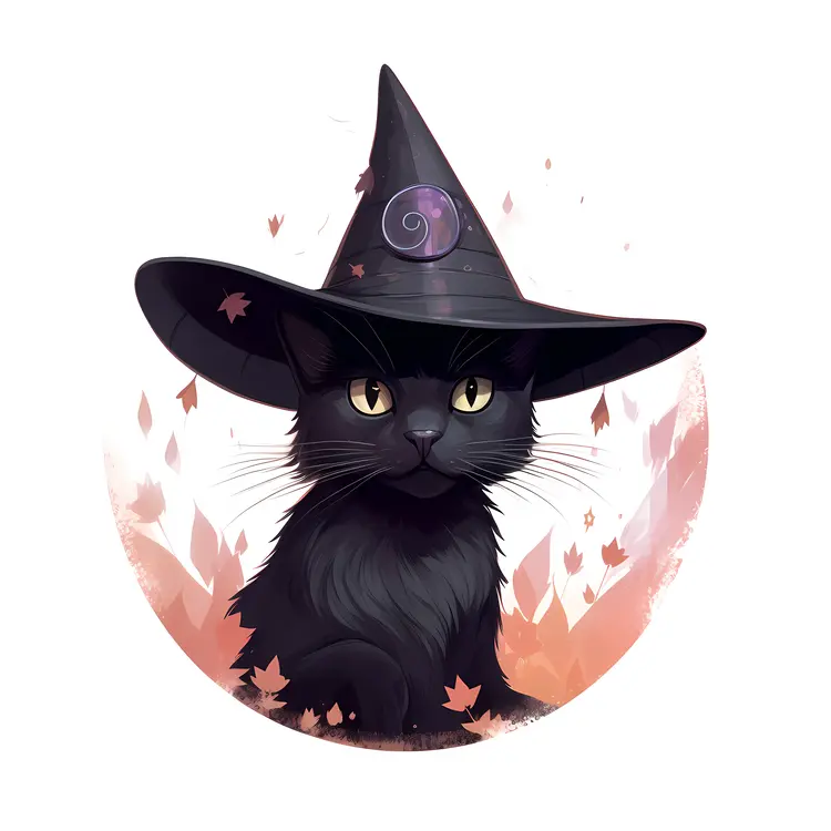 Black Cat with Witch Hat in Halloween Setting