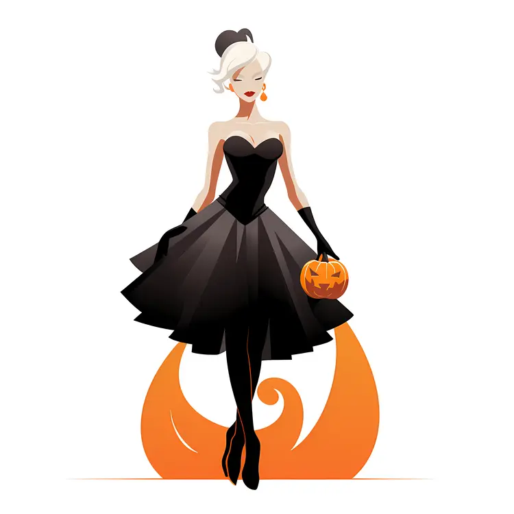 Elegant Woman with Pumpkin in Halloween Costume