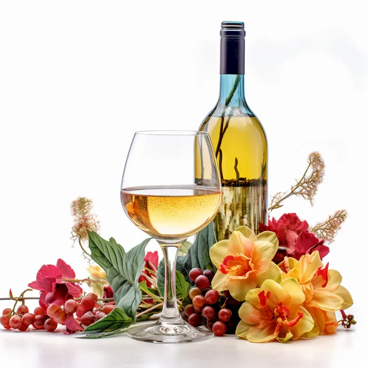 Elegant Wine Bottle and Glass with Flowers and Grapes