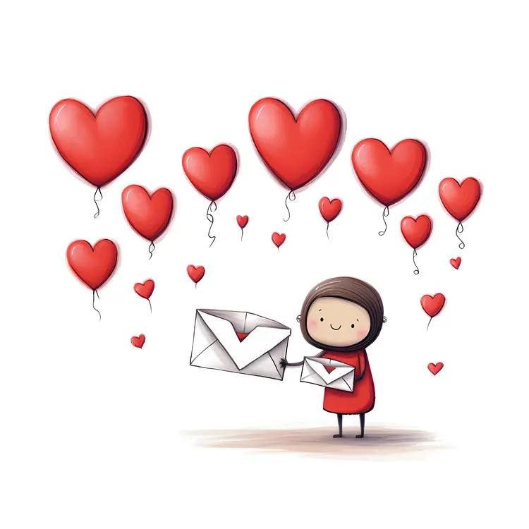 Girl with Heart Balloons and Envelopes